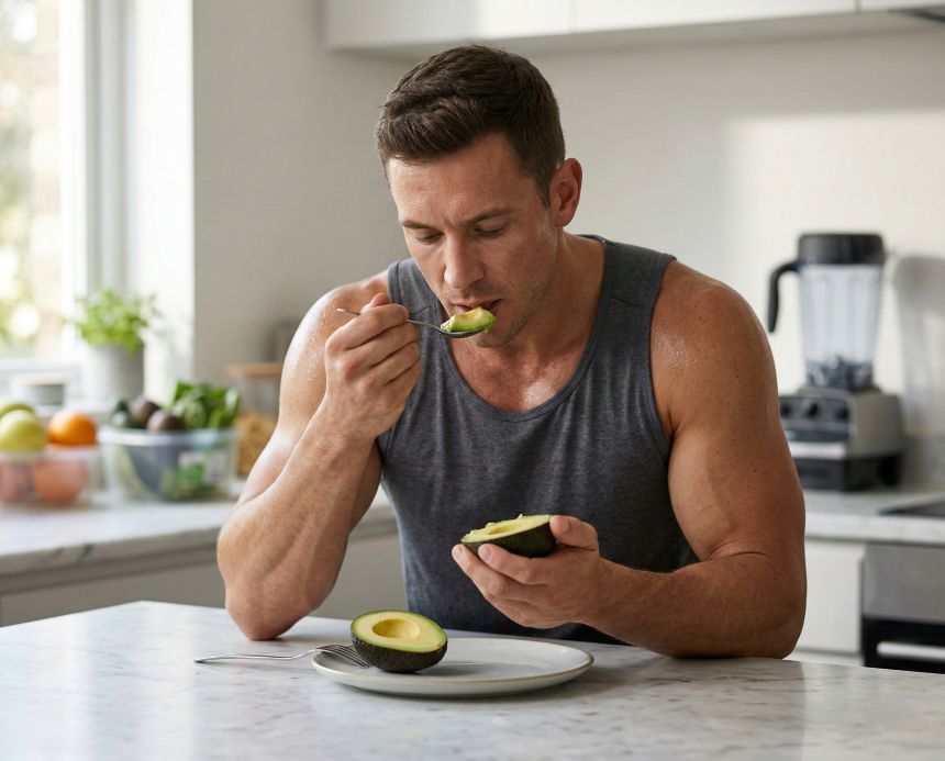 Aguacate en tu dieta fitness: por qué se ha ganado su sitio 2 hombre musculoso tomando aguacate