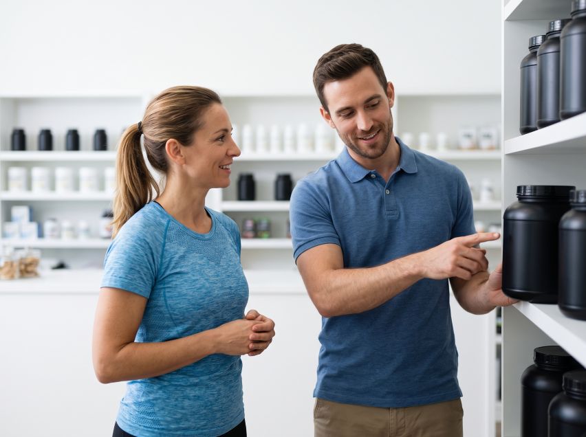 Atleta consultando con un asesor profesional en una tienda de nutrición especializada.
