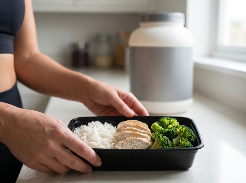 Primer plano de manos preparando comida real en una cocina con proteína en polvo al fondo.