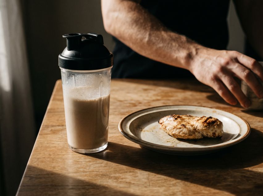 Vaso de batido de proteínas y plato con pollo a la plancha.