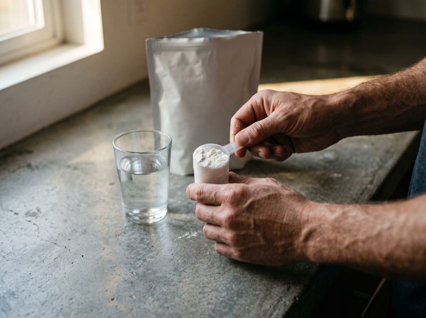 Manos midiendo una dosis de creatina en polvo junto a un vaso.