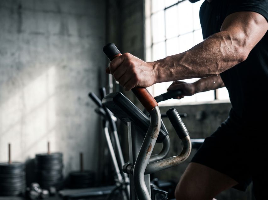 Cardio de bajo impacto: Cómo entrenar duro para quemar grasa sin destrozar tus articulaciones 2 Mano tensa y sudorosa agarrando el manillar de una máquina elíptica en movimiento.