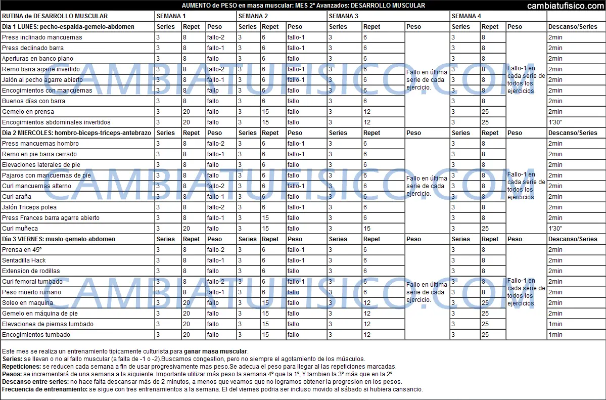 Tabla de Entrenamiento Avanzados Mes 2