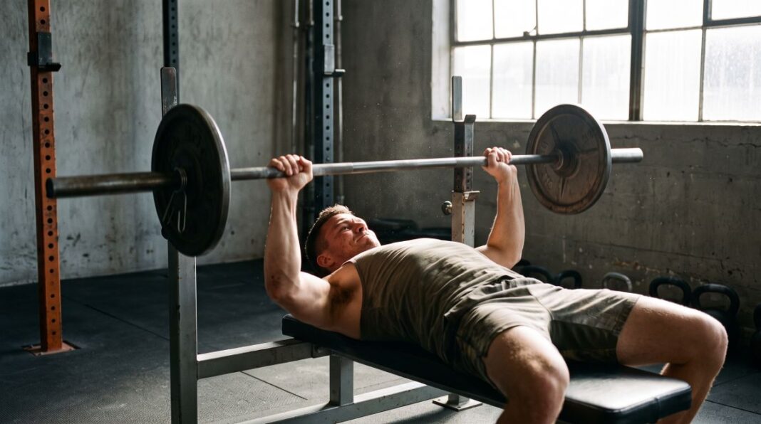 Método Bilbo: Levantador ejecutando con máxima velocidad y esfuerzo una repetición de press de banca en banco plano.