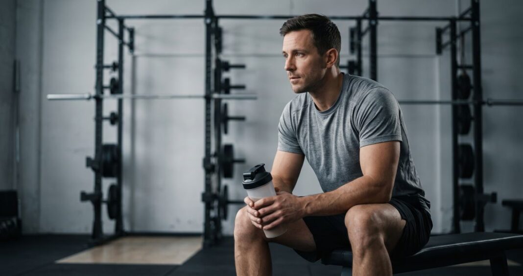 Atleta reflexivo sosteniendo un shaker en un gimnasio.